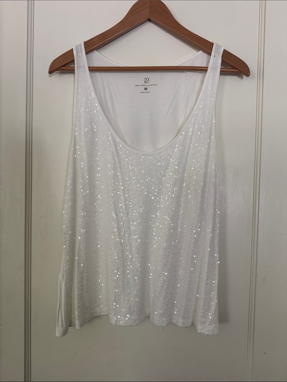 New York & Company White Sequin Scoop Tank